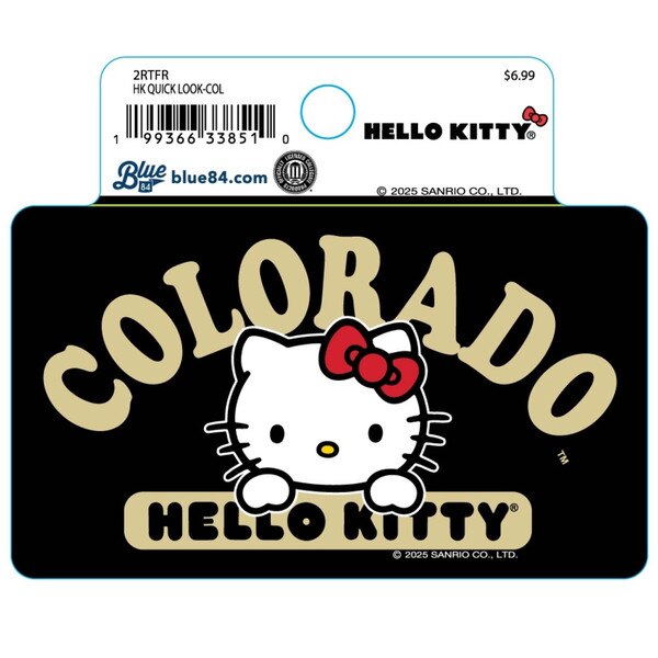 Black sticker featuring Hello Kitty peeking under arched Colorado text with Hello Kitty branding in gold below